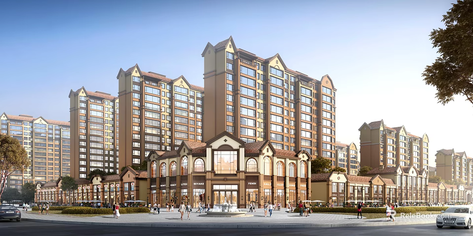 Modern Commercial Street With Brown Beige Exterior Multi Storey Buildings Arched Windows And Pedestrian Plaza 3d model 