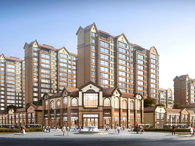 Modern Commercial Street With Brown Beige Exterior Multi Storey Buildings Arched Windows And Pedestrian Plaza 3d model