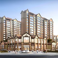 Modern Commercial Street With Brown Beige Exterior Multi Storey Buildings Arched Windows And Pedestrian Plaza