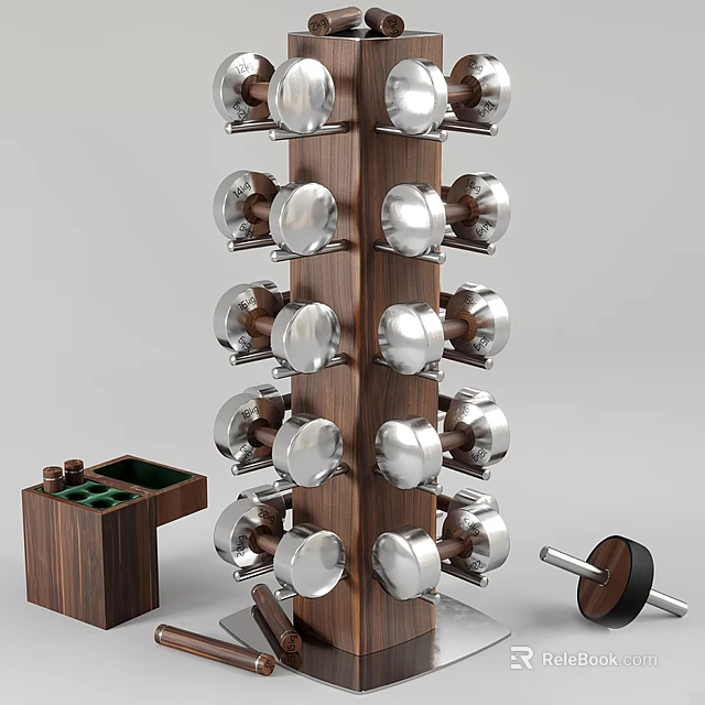 Wooden Dumbbell Rack With Multiple Weights For Home Gym Fitness Equipment 3d model 