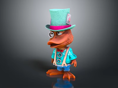 Cartoon Duck Character With Monocle Light Green Hat Pink Brim And Blue Vest Outfit 3d model