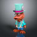 Cartoon Duck Character With Monocle Light Green Hat Pink Brim And Blue Vest Outfit