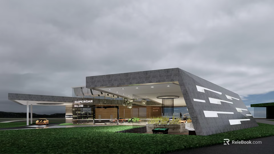 Modern Storefront Architectural Design With Concrete Facade Glass Elements And Landscaping 3d model 
