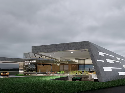 Modern Storefront Architectural Design With Concrete Facade Glass Elements And Landscaping 3d model