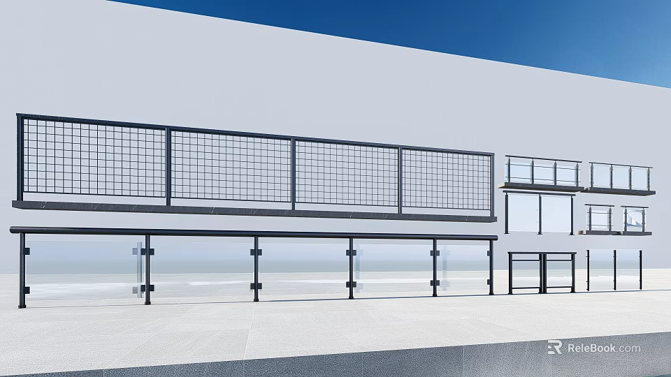 Modern Metal Grid Fence Design For Outdoor Terrace With White Wall And Blue Sky 3d model 