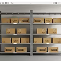 Industrial Metal Storage Shelving Units Holding Stacked Cardboard Boxes With Labels