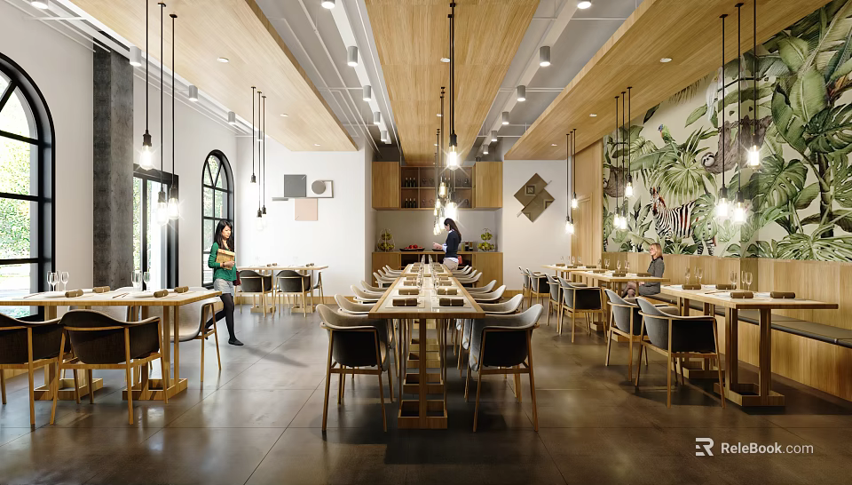 Modern Restaurant Interior With Wooden Tables Hanging Lights And Tropical Wall Mural Seating Area 3d model 