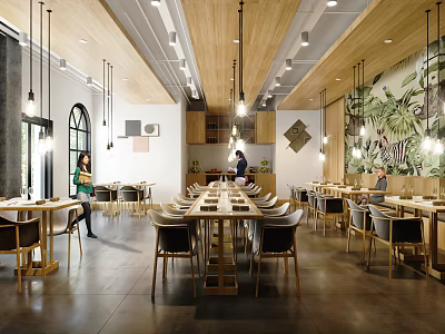 Modern Restaurant Interior With Wooden Tables Hanging Lights And Tropical Wall Mural Seating Area 3d model