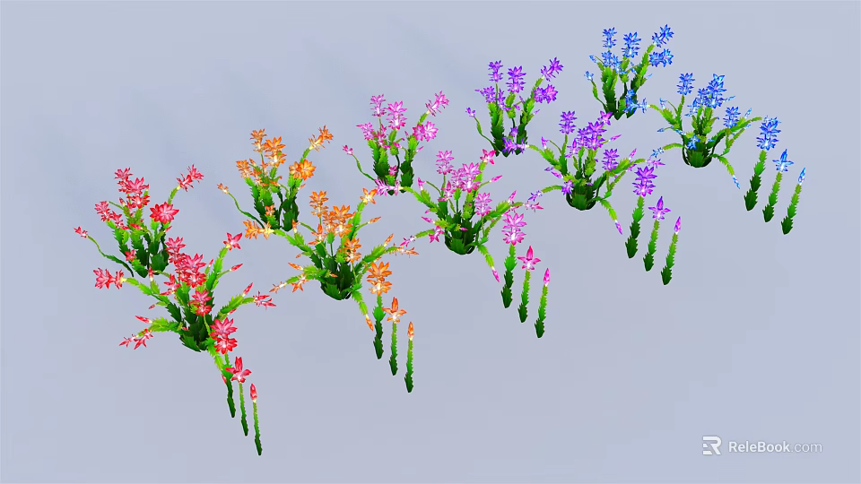 Colorful Pink Orange Purple Blue Flowers in Green Pots Arranged in a Row 3d model 