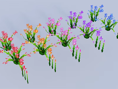 Colorful Pink Orange Purple Blue Flowers in Green Pots Arranged in a Row 3d model