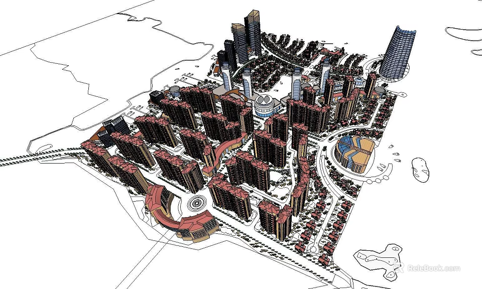 Modern Urban Residential Complex With High Rise Buildings Circular Plaza And Green Spaces 3d model 