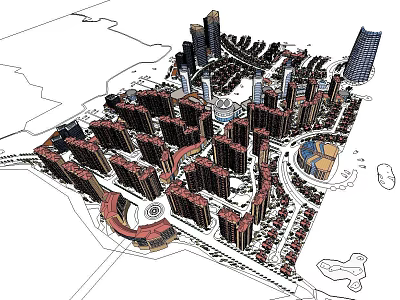 Modern Urban Residential Complex With High Rise Buildings Circular Plaza And Green Spaces 3d model