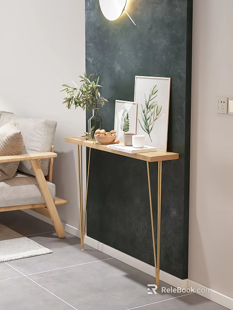 Modern Console Table with Wooden Top Golden Legs Green Plant Decorative Painting and Fruit Bowl 3d model 