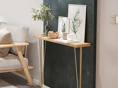 Modern Console Table with Wooden Top Golden Legs Green Plant Decorative Painting and Fruit Bowl 3d model