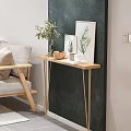 Modern Console Table with Wooden Top Golden Legs Green Plant Decorative Painting and Fruit Bowl