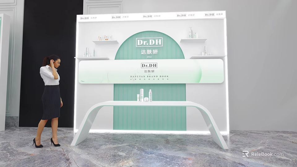 Dr.DH Skincare Brand Modern Reception Desk With Stylish Green And White Design And Products On Shelves 3d model 