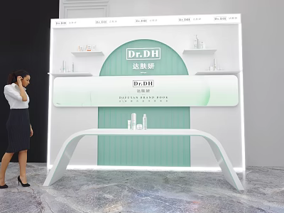 Dr.DH Skincare Brand Modern Reception Desk With Stylish Green And White Design And Products On Shelves 3d model