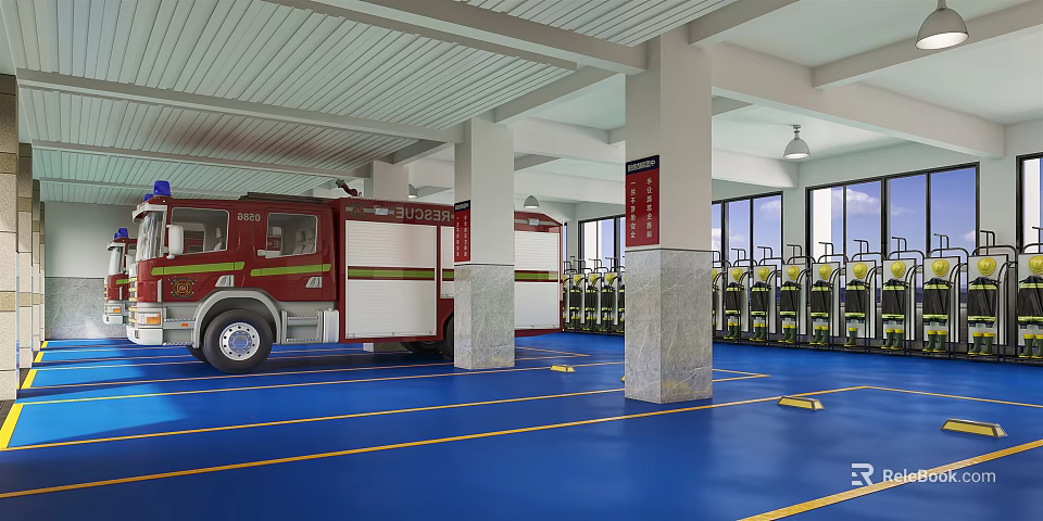 Red Fire Truck Parked On Blue Floor With White Pillars Yellow Seats And White Ceiling 3d model 