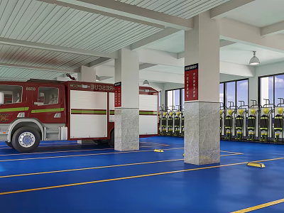 Red Fire Truck Parked On Blue Floor With White Pillars Yellow Seats And White Ceiling 3d model
