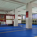 Red Fire Truck Parked On Blue Floor With White Pillars Yellow Seats And White Ceiling
