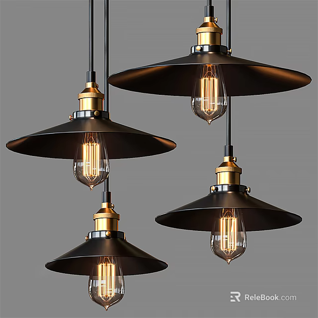 Four Black Pendant Lights With Gold Metal And Transparent Vintage Bulbs 3d model 