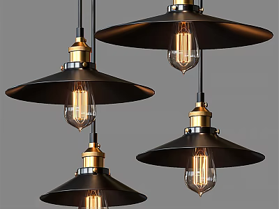 Four Black Pendant Lights With Gold Metal And Transparent Vintage Bulbs 3d model