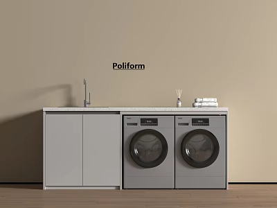 Poliform Washing Machines In Modern Laundry Room With Countertop Faucet And Stacked Towels 3d model
