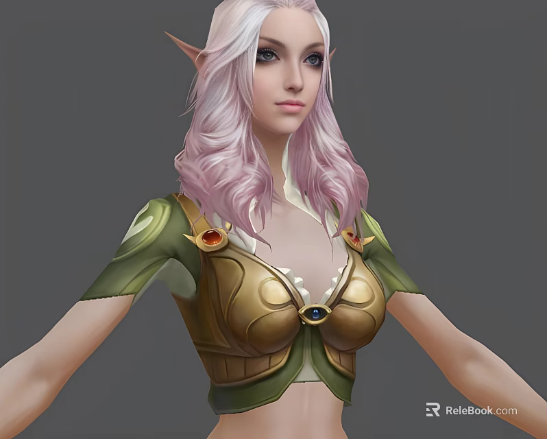 Game Fantasy Elf Character with Pink Hair Pointed Ears and Green Gold Armor 3d model 