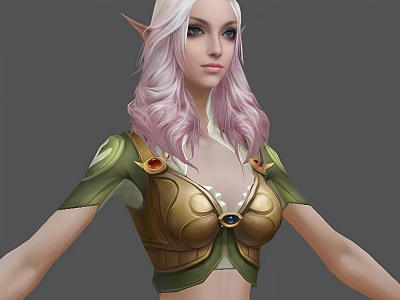 Game Fantasy Elf Character with Pink Hair Pointed Ears and Green Gold Armor 3d model