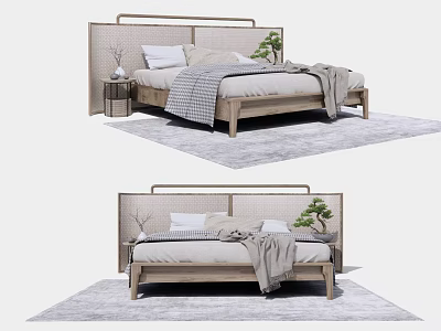 Double Bed with Woven Headboard Wooden Frame Linen Bedding Nightstand Potted Plant and Area Rug 3d model