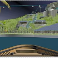 Tropical Night Landscape With Boat On Water Lush Greenery And Illuminated Coastal Buildings