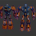 Orange And Blue Futuristic Robots With Mechanical Structure Standing On Reflective Surface