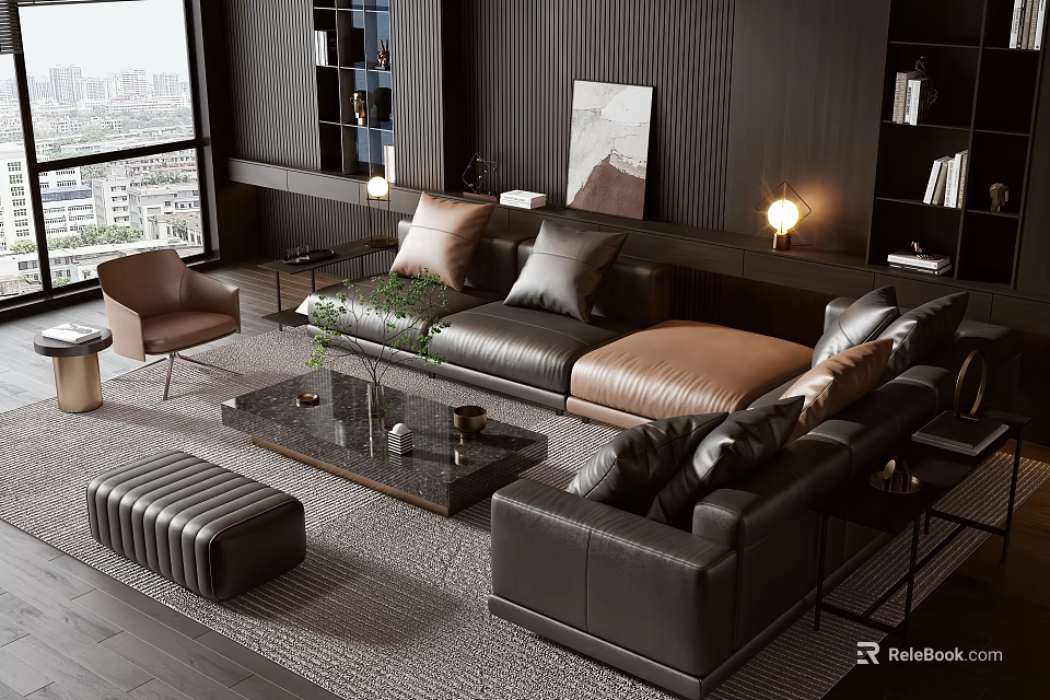 Modern Living Room Black Leather Sofa and Coffee Table Set With Ottoman Decorative Items 3d model 