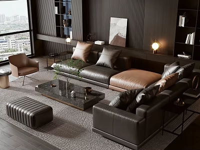 Modern Living Room Black Leather Sofa and Coffee Table Set With Ottoman Decorative Items 3d model