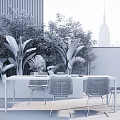 Red Outdoor Table With Chairs And Green Plants On City Skyline Terrace
