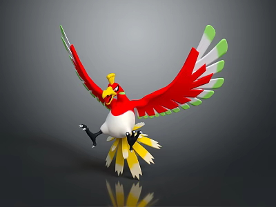 Vibrant Fantasy Bird Character with Red Wings Green Edges and Yellow Tail Feathers 3d model