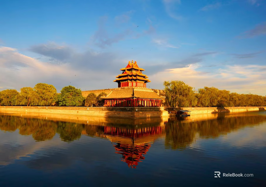 Traditional Ancient Chinese Architecture Tower With Water Reflection And Surrounding Trees Under Blue Sky 3d model 