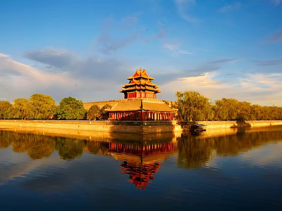 Traditional Ancient Chinese Architecture Tower With Water Reflection And Surrounding Trees Under Blue Sky 3d model