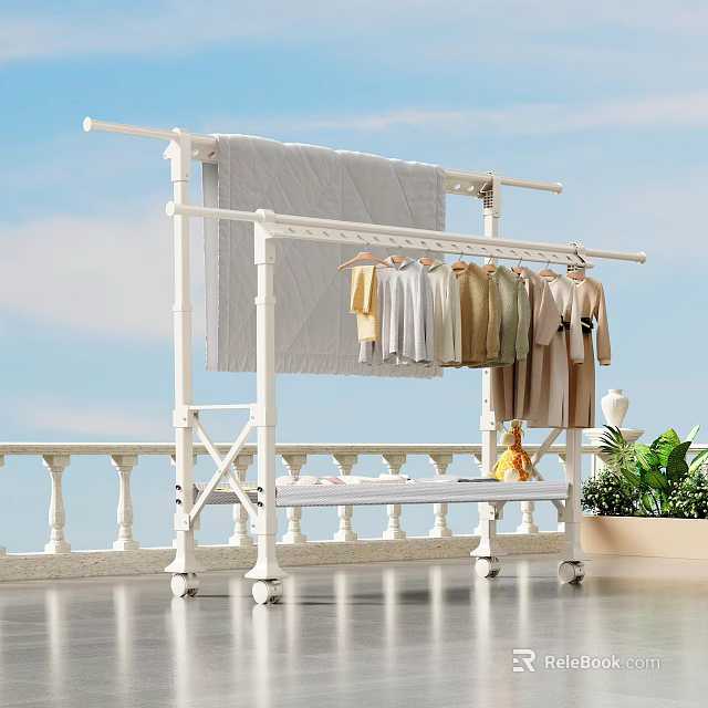 White Mobile Clothes Drying Rack With Various Clothes And Blanket On Balcony 3d model