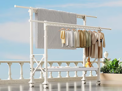 White Mobile Clothes Drying Rack With Various Clothes And Blanket On Balcony 3d model