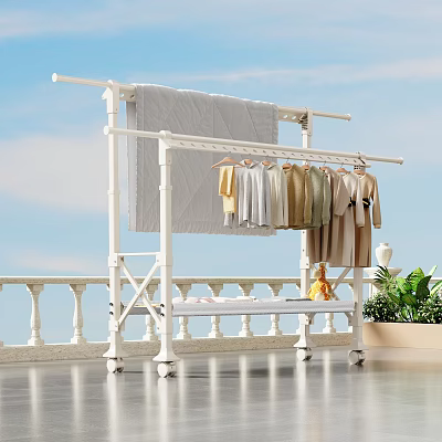 White Mobile Clothes Drying Rack With Various Clothes And Blanket On Balcony 3d model