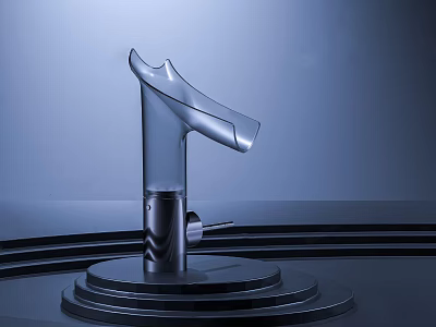 Modern Curved Spout Faucet With Sleek Metallic Finish And Layered Base On Dark Background 3d model