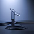 Modern Curved Spout Faucet With Sleek Metallic Finish And Layered Base On Dark Background