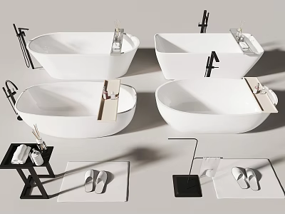 Modern Freestanding Bathtubs with Black Faucets Side Tables Towels and Slippers 3d model