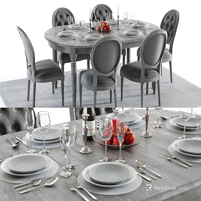 Modern Dining Table Set With Gray Upholstered Chairs Tableware And Fresh Fruits 3d model 