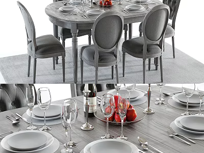 Modern Dining Table Set With Gray Upholstered Chairs Tableware And Fresh Fruits 3d model