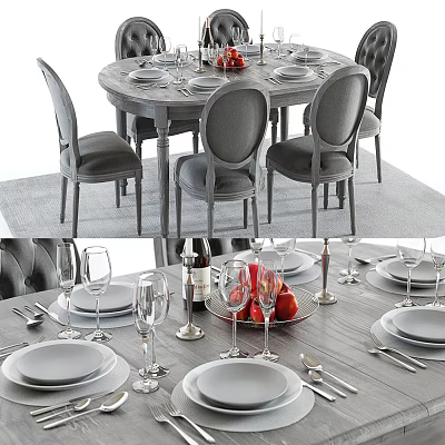Modern Dining Table Set With Gray Upholstered Chairs Tableware And Fresh Fruits 3d model