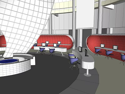 Modern Indoor Workspace Featuring Red Curved Seating Computers Blue Chairs And White Geometric Structures 3d model