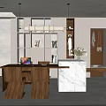 Modern Open Kitchen Dining Table Set With Wooden Chairs Marble Countertop And Chandelier