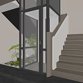 Modern Interior With Wooden Staircase Glass Elevator And Green Plants